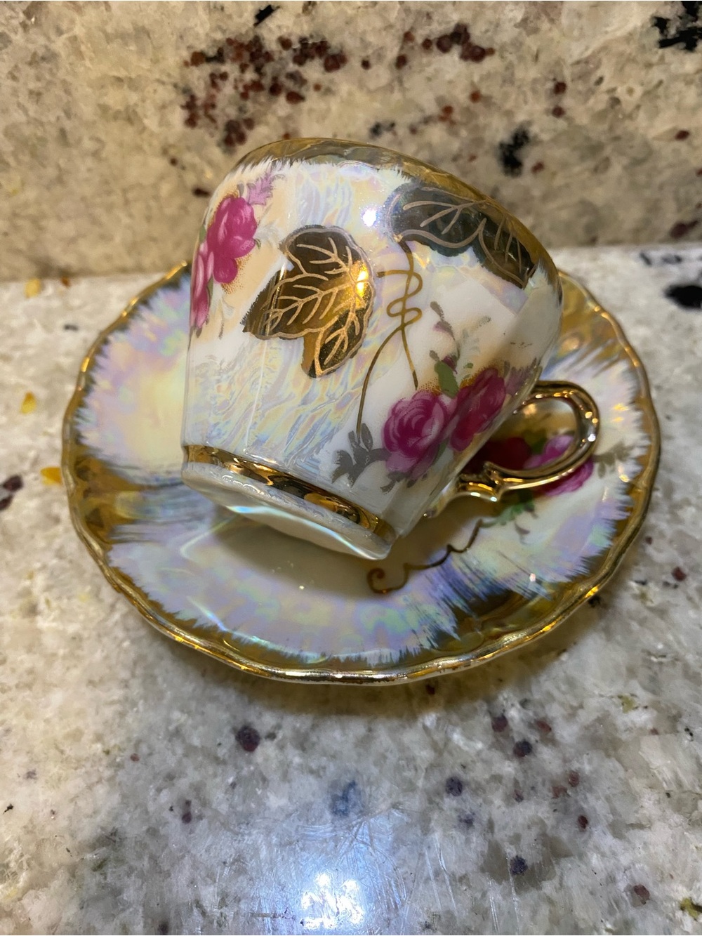 Iridescent Gold Trim Floral Demitasse Cup & Saucer